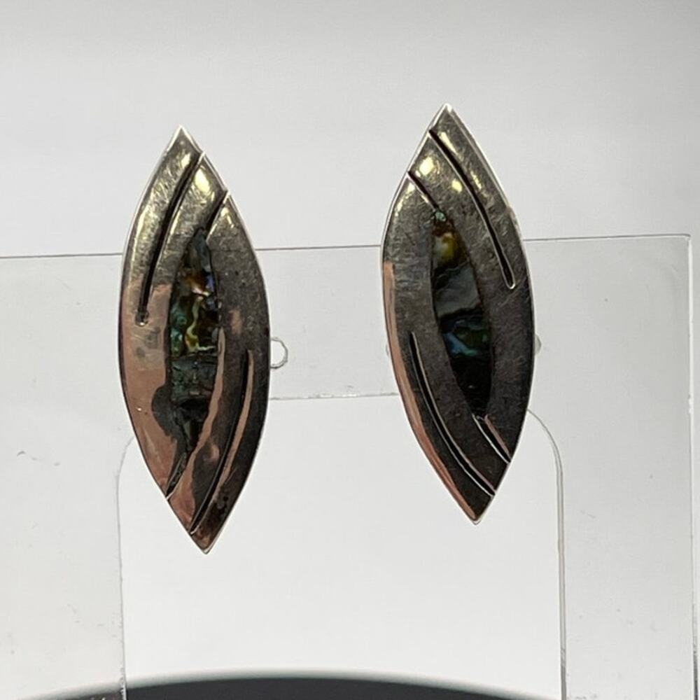 Vintage‎ Eagle Mark Taxco Sterling Marquise Abalone Inlay Screw Back Earrings
